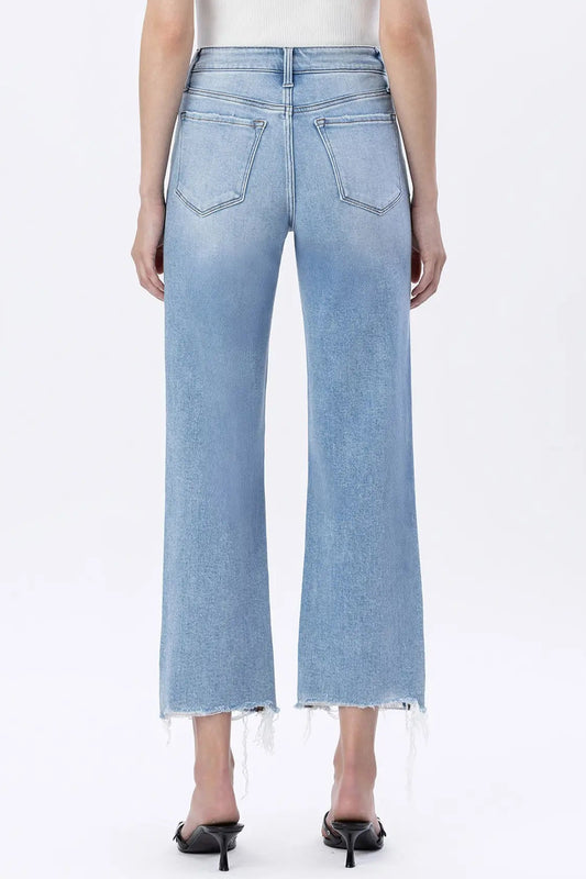 Light blue jeans worn by a person on a white background