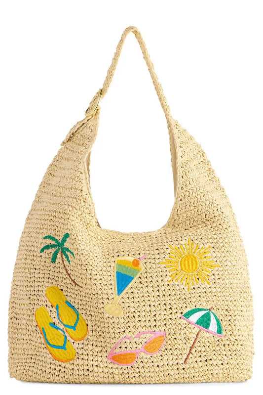 Woven handbag with summer-themed decorations on a white background