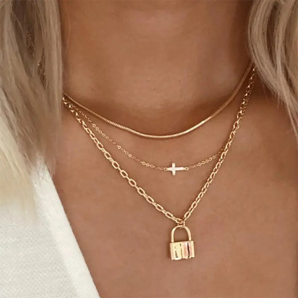 Layered Lock & Cross Necklace