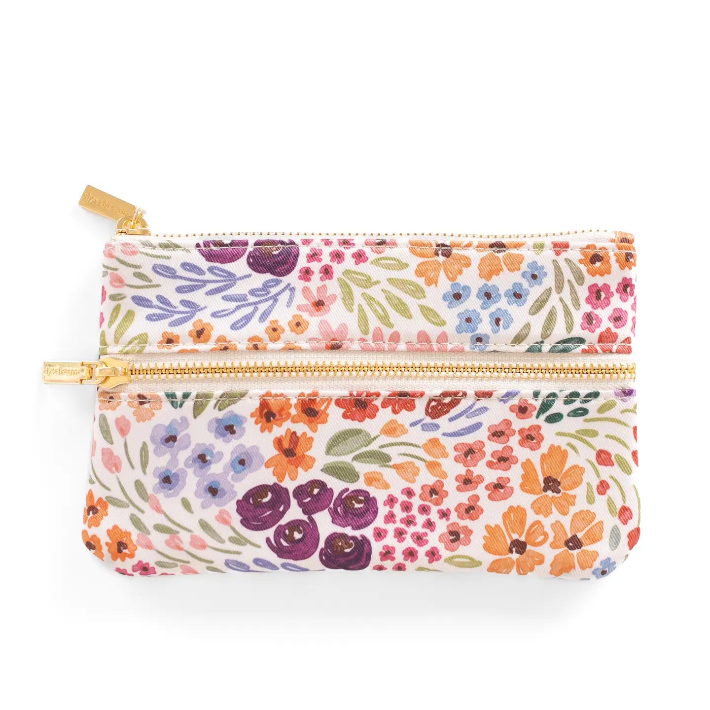 Floral patterned pouch with a gold zipper on a white background