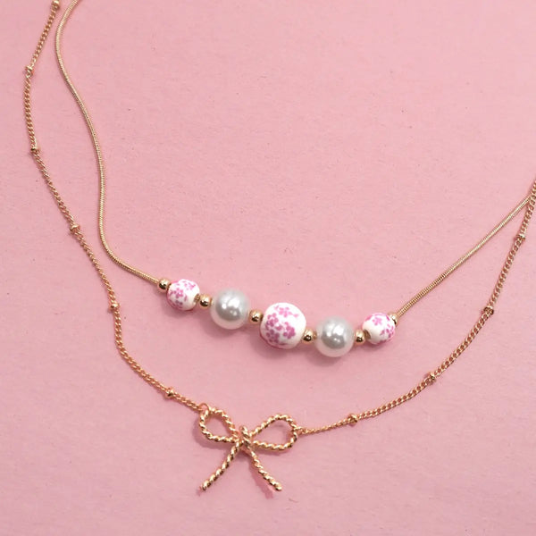 Pink Ceramic Porcelain Pearl Bow Layer Necklace