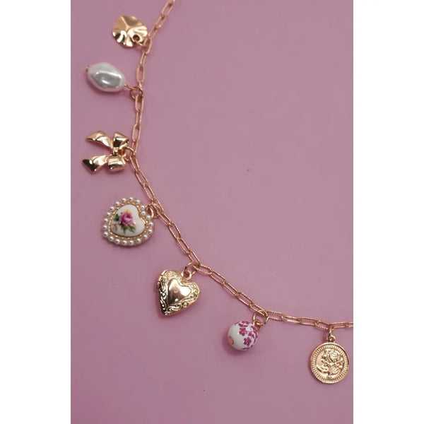 Ceramic Porcelain Bow Heart Charm Link Necklace