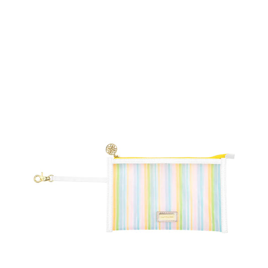 Striped pouch with a gold clasp on a white background