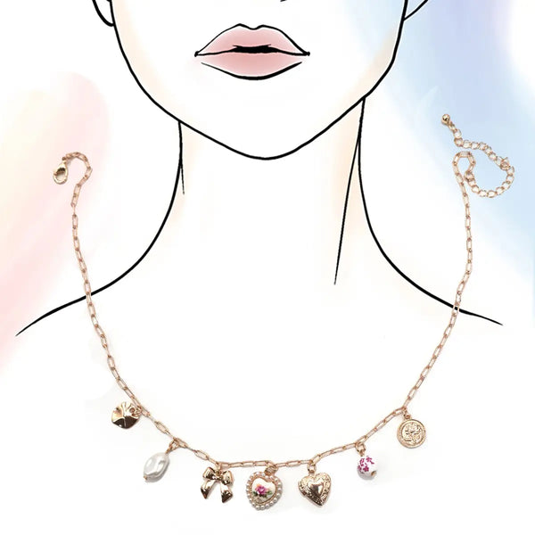 Ceramic Porcelain Bow Heart Charm Link Necklace