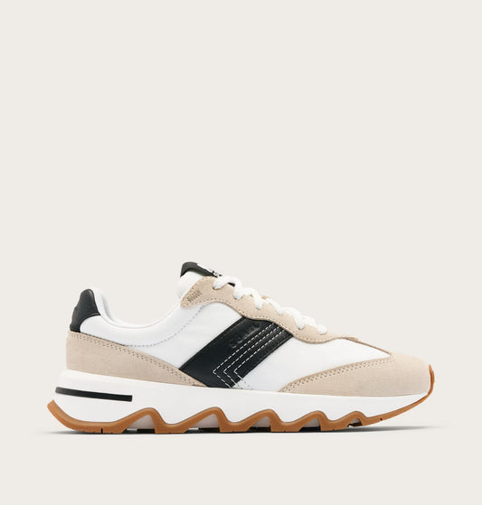 White and beige sneaker with black accents on a light gray background