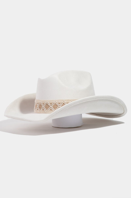 White wide-brimmed hat with lace band on a white background