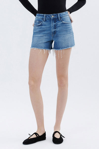 High Rise Raw Hem Denim Shorts