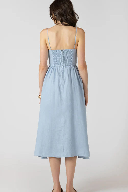 Light blue dress worn by a person on a white background
