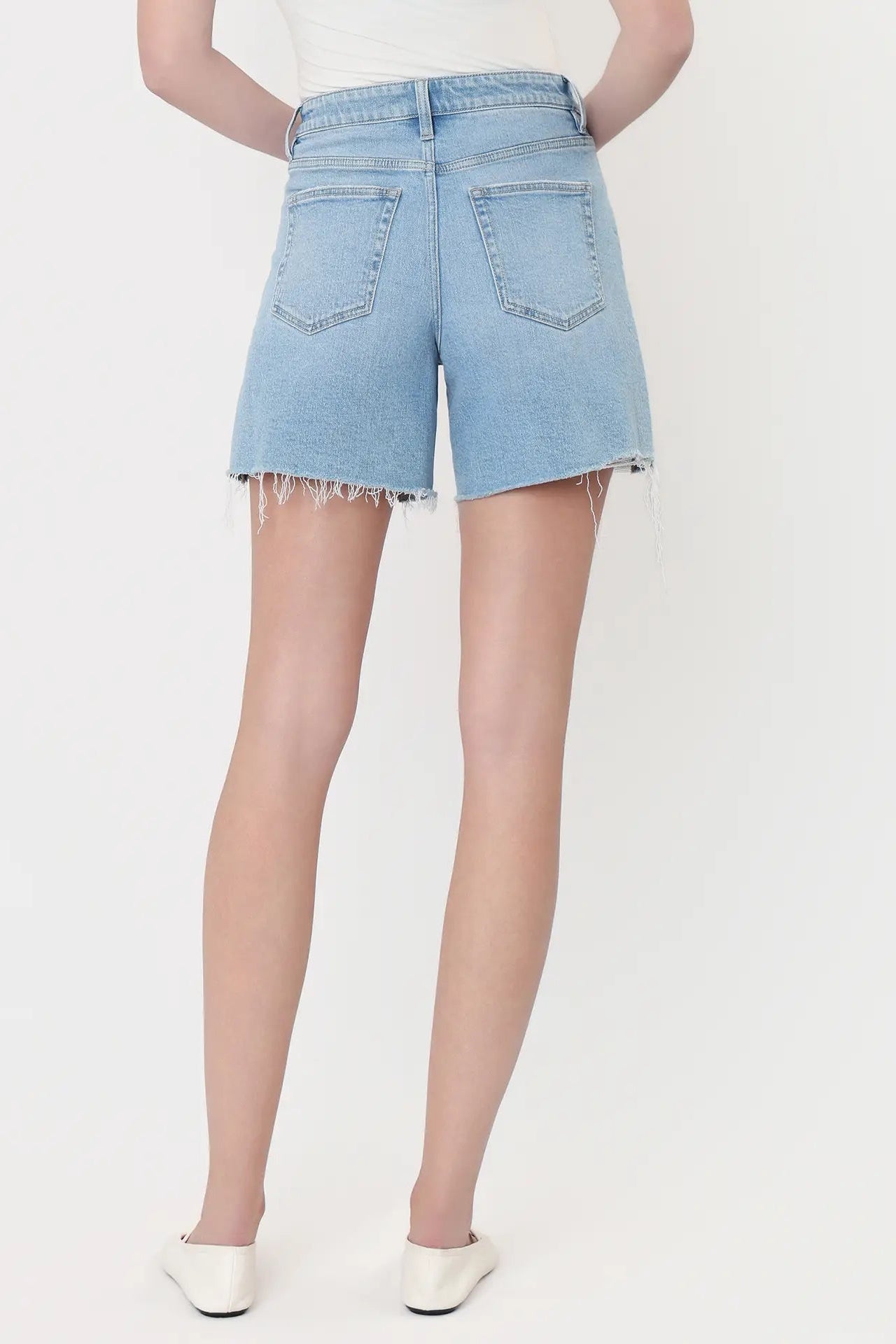 Light blue denim shorts worn by a person on a white background