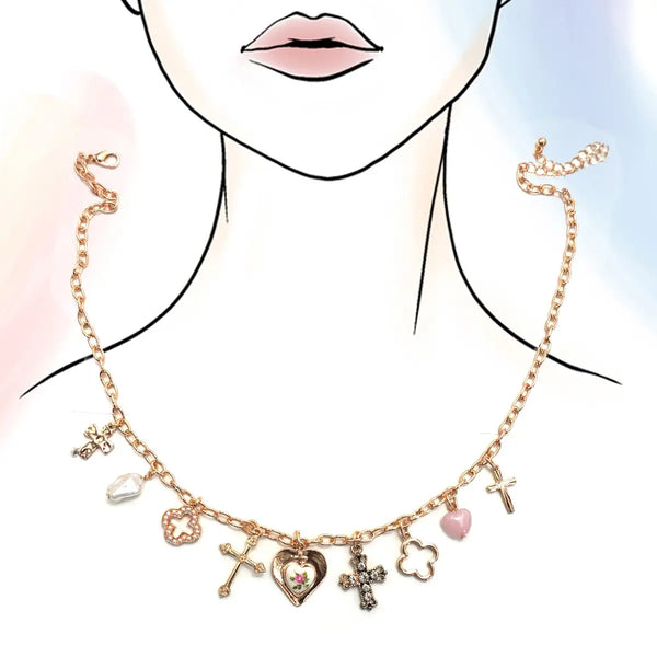 Charm Necklace-Clover Cross Porcelain Flower