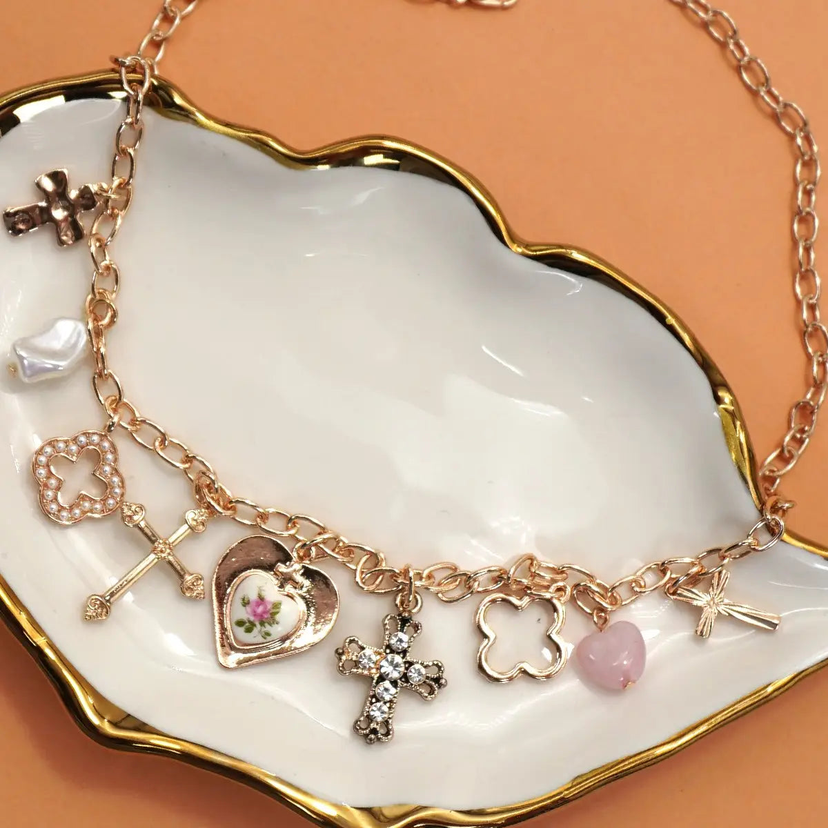 Charm Necklace-Clover Cross Porcelain Flower