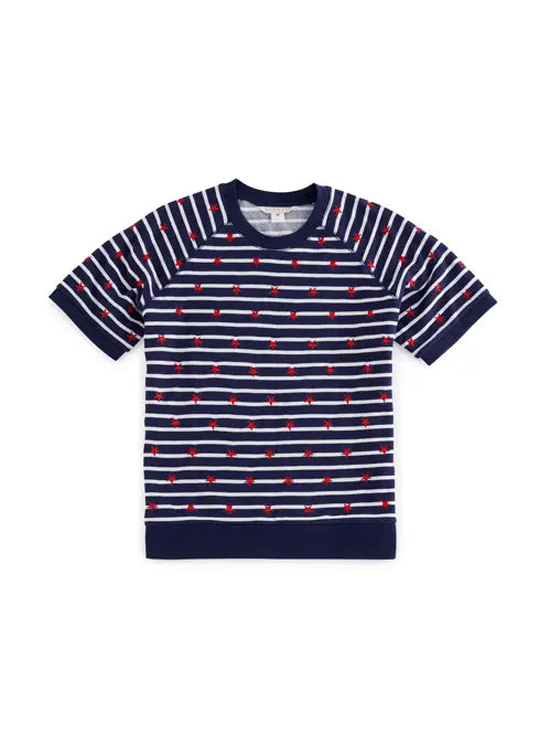Navy and white striped t-shirt with red pattern on a white background