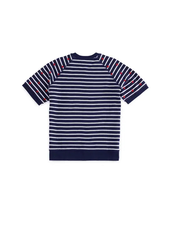 Navy and white striped t-shirt on a white background