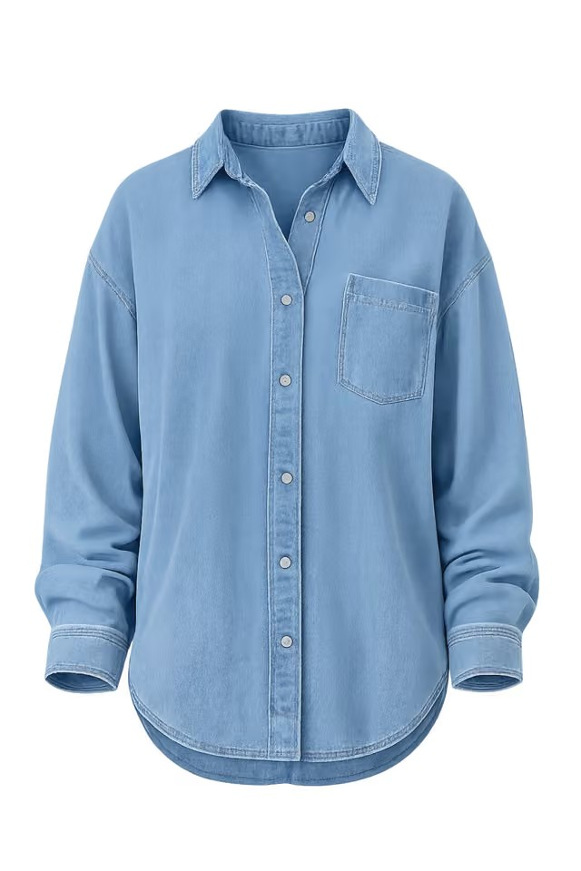 A light blue denim long-sleeve button-up shirt with a single chest pocket, shown on a plain white background.