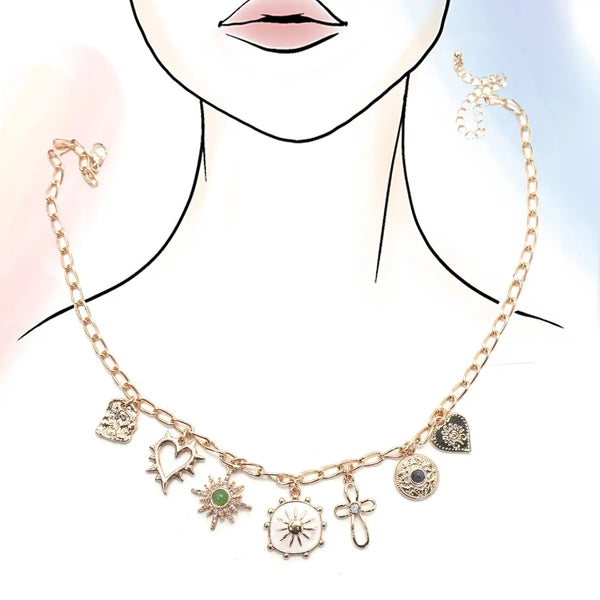 Charm Necklace-Heart Cross Sunburst Stone