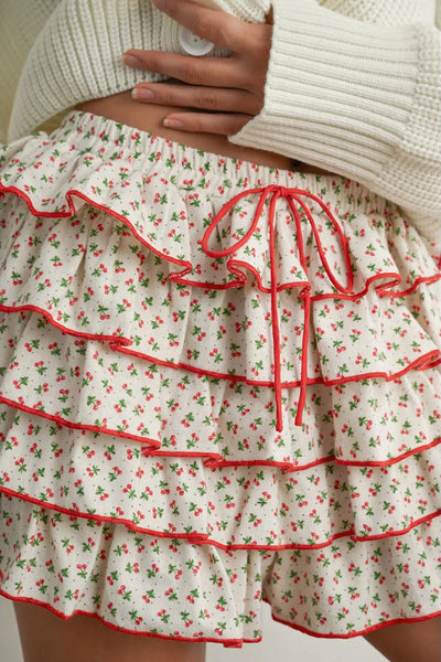 Cherry Print Layered Ruffled Mini Skort