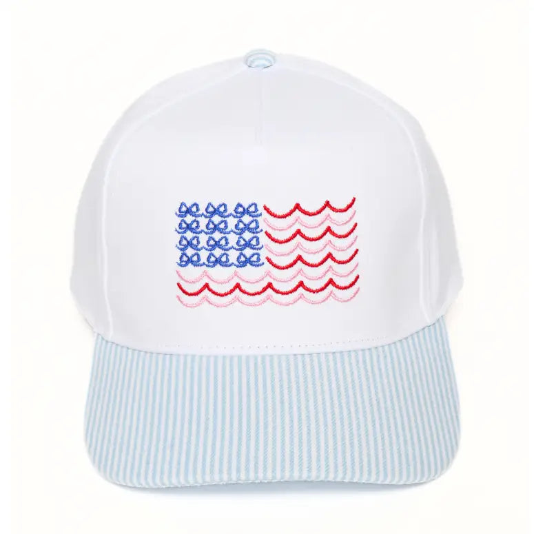 baseball hat with a wave bow flag design on the front