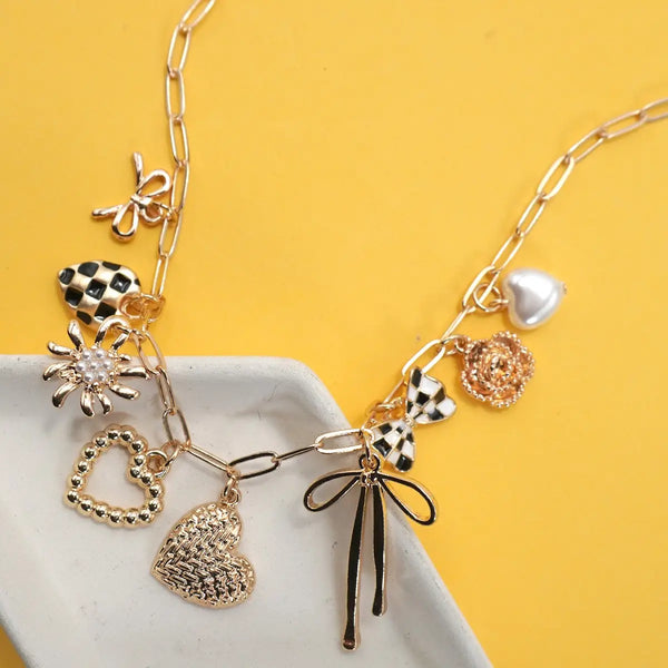 Charm Necklace-Bow Checker Heart Floral