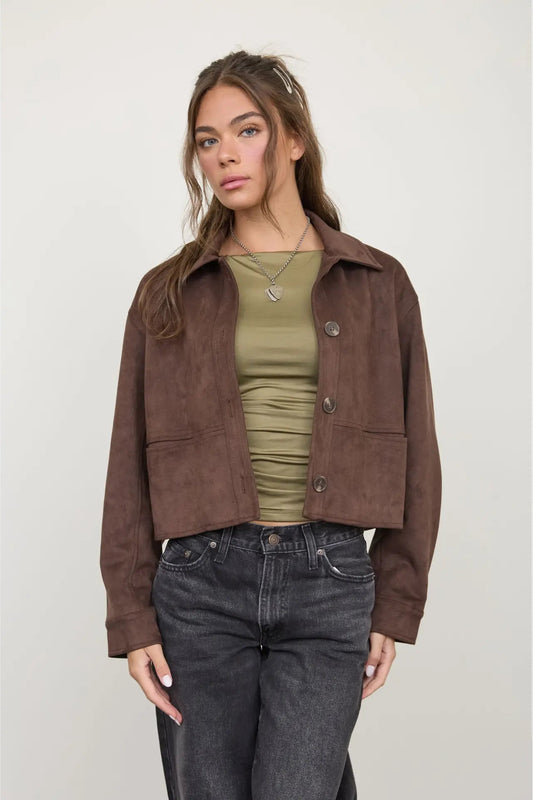 woman in suede jacket