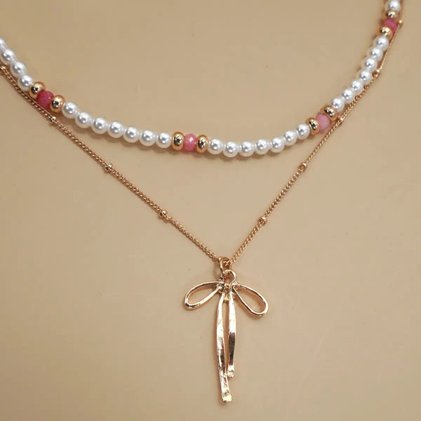 Double Layer Pearl Gold Chain Bow Charm Necklace