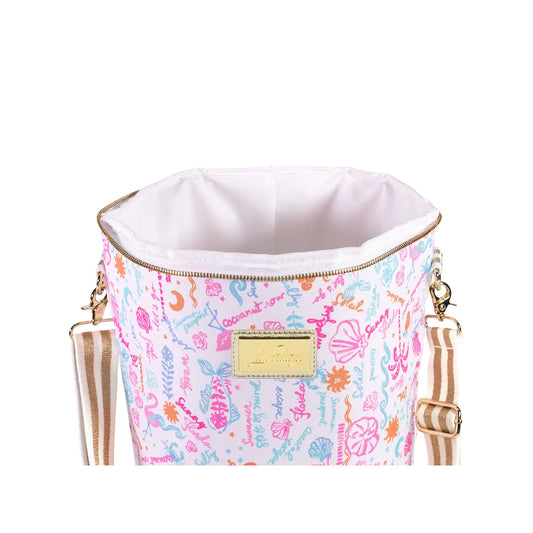 Colorful handbag with floral pattern on a white background