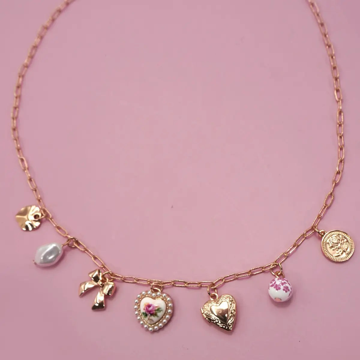 Ceramic Porcelain Bow Heart Charm Link Necklace