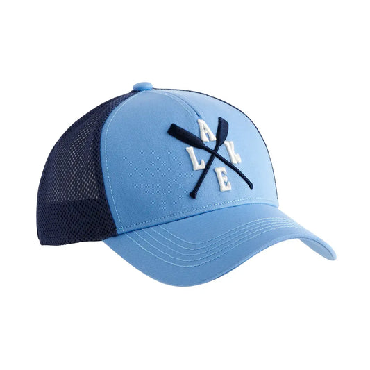 Blue and navy cap with 'Avalon' logo on a white background