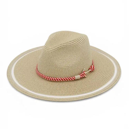 Beige straw hat with a red and white striped band on a white background