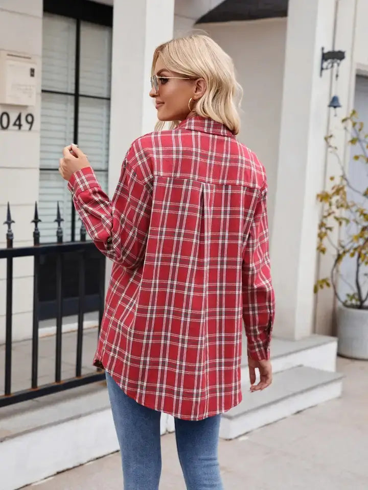 Casual Loose Fit Plaid Button Shirt