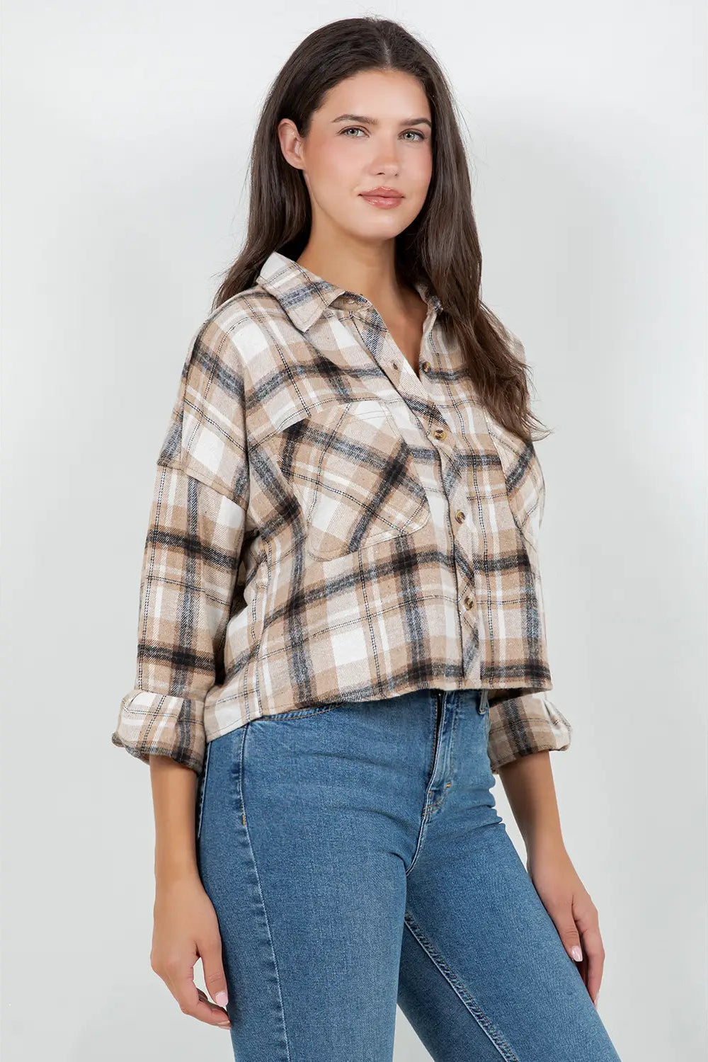 Cropped Oversized Plaid Flannel Shirt