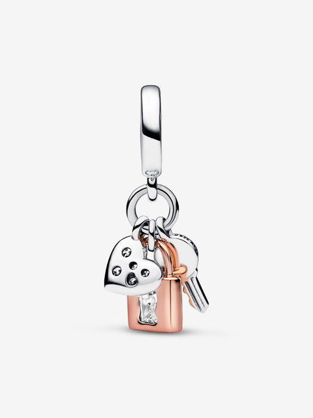 Pandora Two-tone Key, Padlock & Heart Triple Dangle Charm