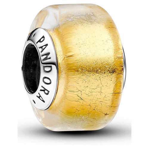A Pandora charm bead featuring a textured gold crackled glass center, a polished silver band engraved with the brand name 'PANDORA', and a clear outer shell, shown on a white background.