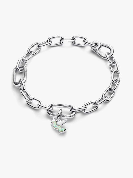 Silver chain bracelet with a pearl charm on a white background