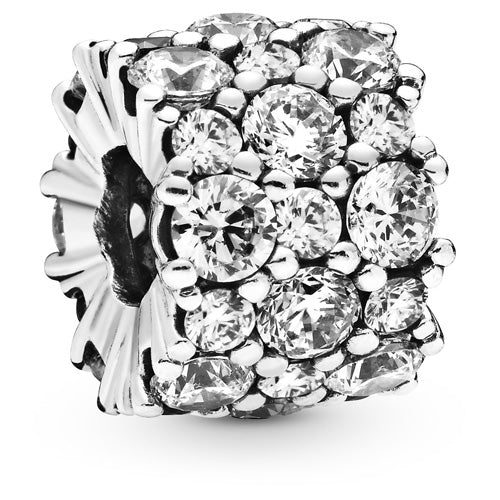 A silver charm bead featuring a cluster of clear round-cut cubic zirconia stones on a white background.