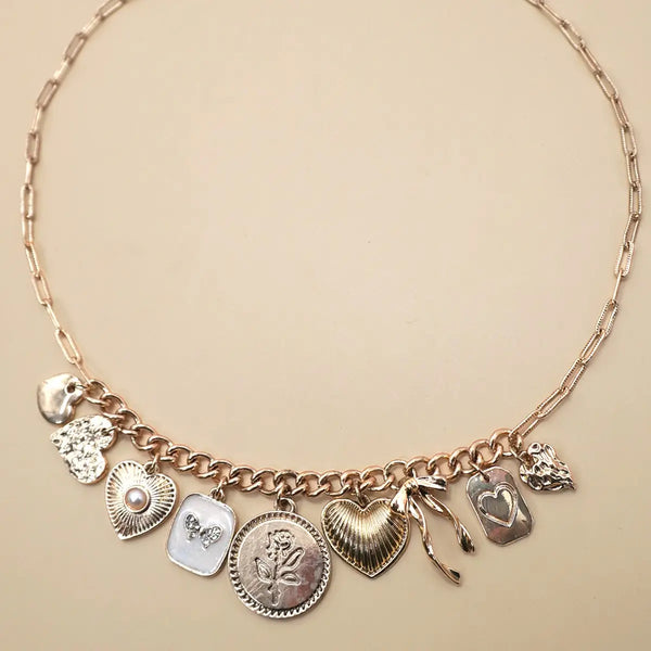 Charm Necklace-Custer Bow Heart Pearl Link