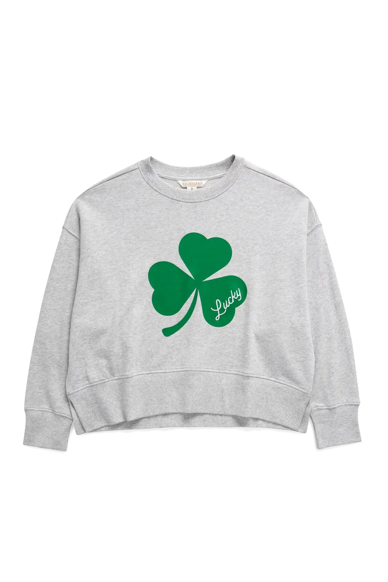 Gray sweatshirt with a green shamrock and 'Lucky' text on a white background