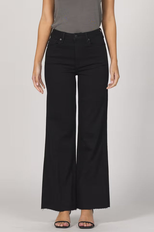 Person wearing black wide-leg jeans on a plain background