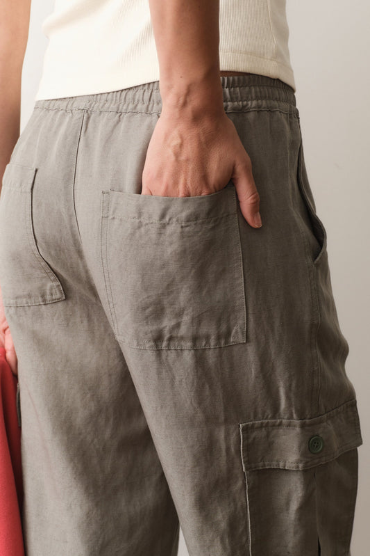 close up of linen cargo pants