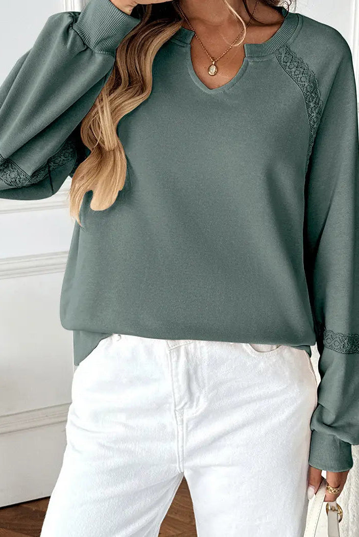 Lace Trim Henley Sweatshirt