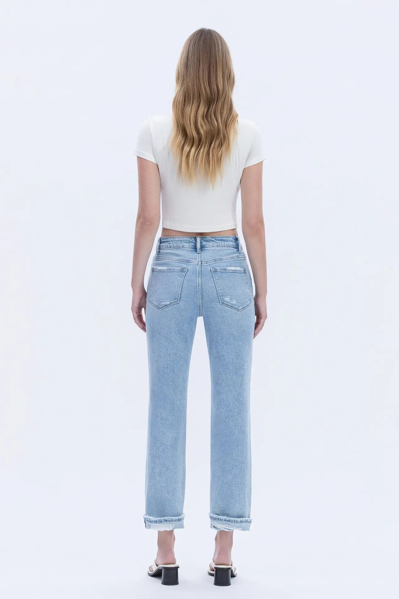 High Rise Double Cuffed Crop Straight Jeans