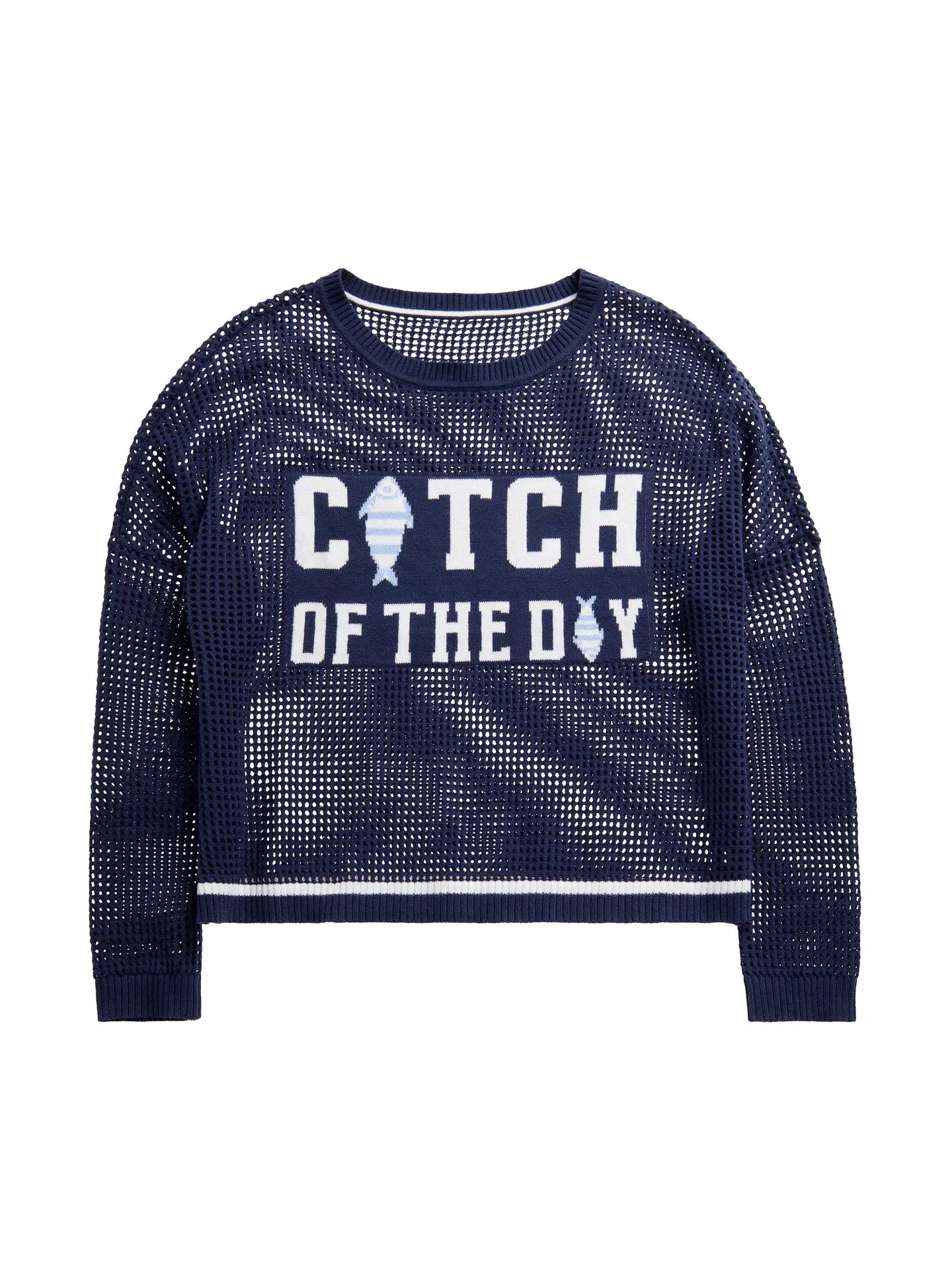 Navy blue mesh sweatshirt with 'Catch of the Day' text and fish icons on a white background