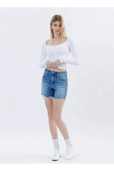 High Rise Raw Hem Boyfriend Shorts