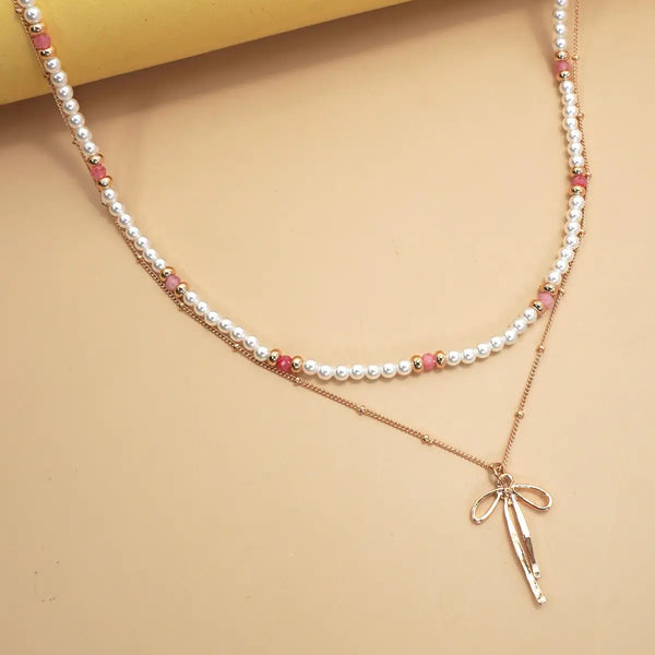 Double Layer Pearl Gold Chain Bow Charm Necklace