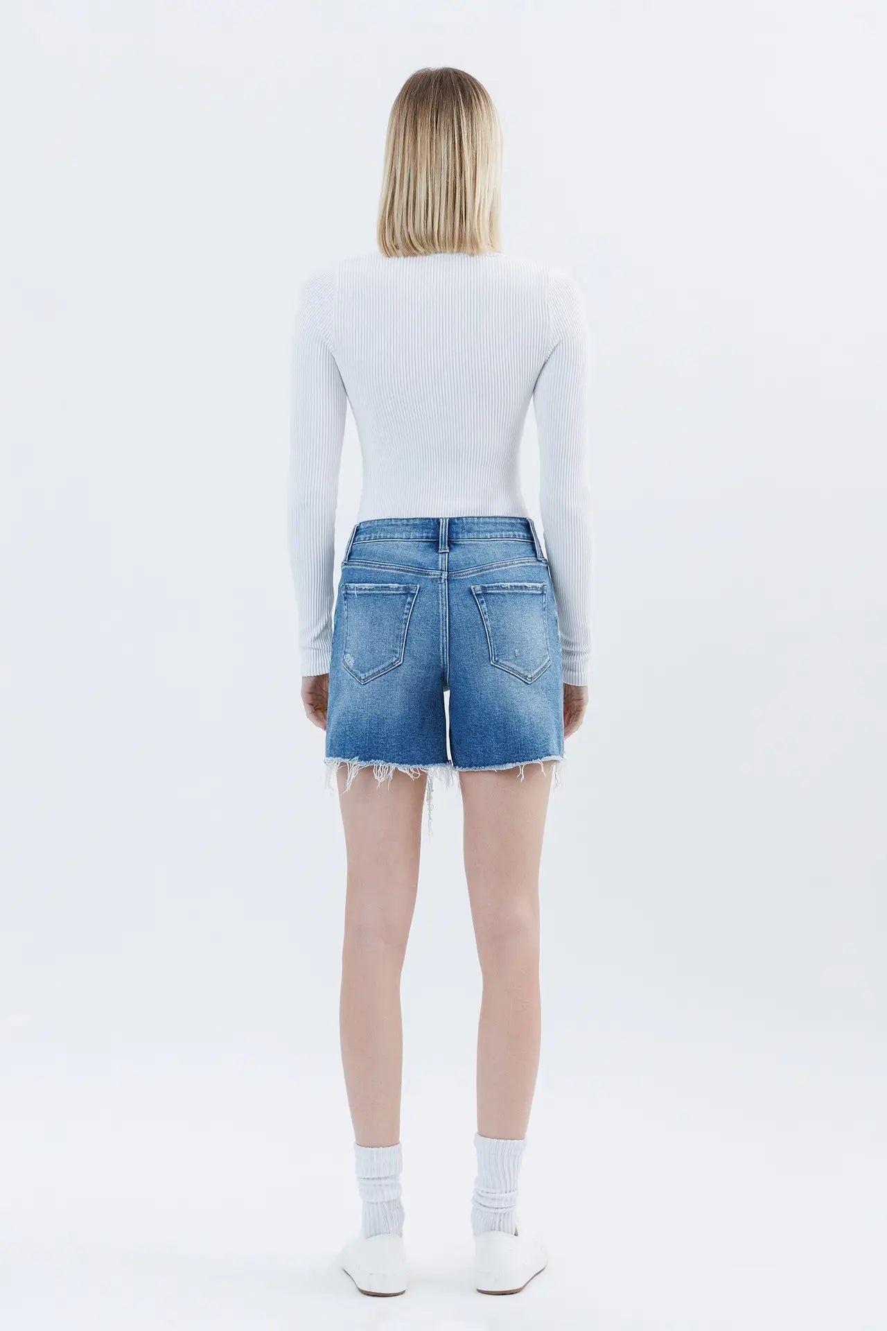 High Rise Raw Hem Boyfriend Shorts