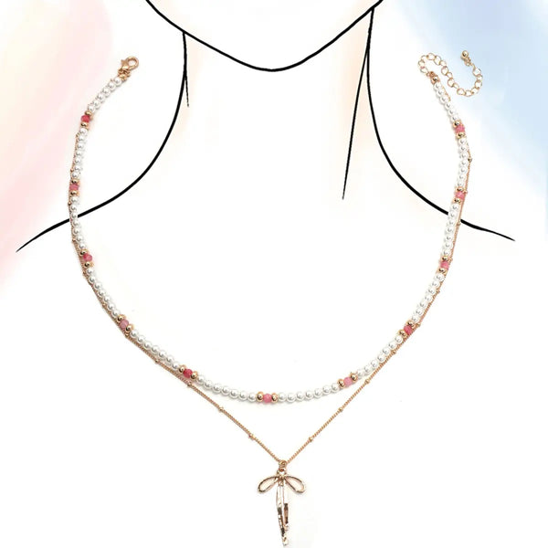 Double Layer Pearl Gold Chain Bow Charm Necklace