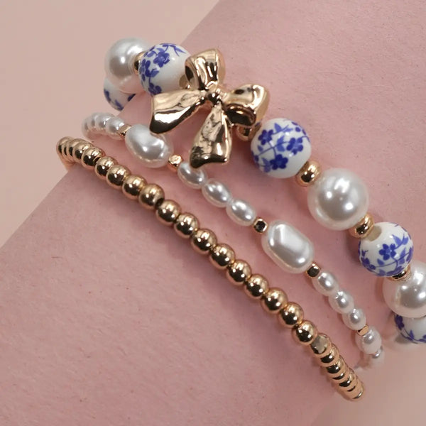 Blue Ceramic Porcelain Bow Multi Layer Bracelet