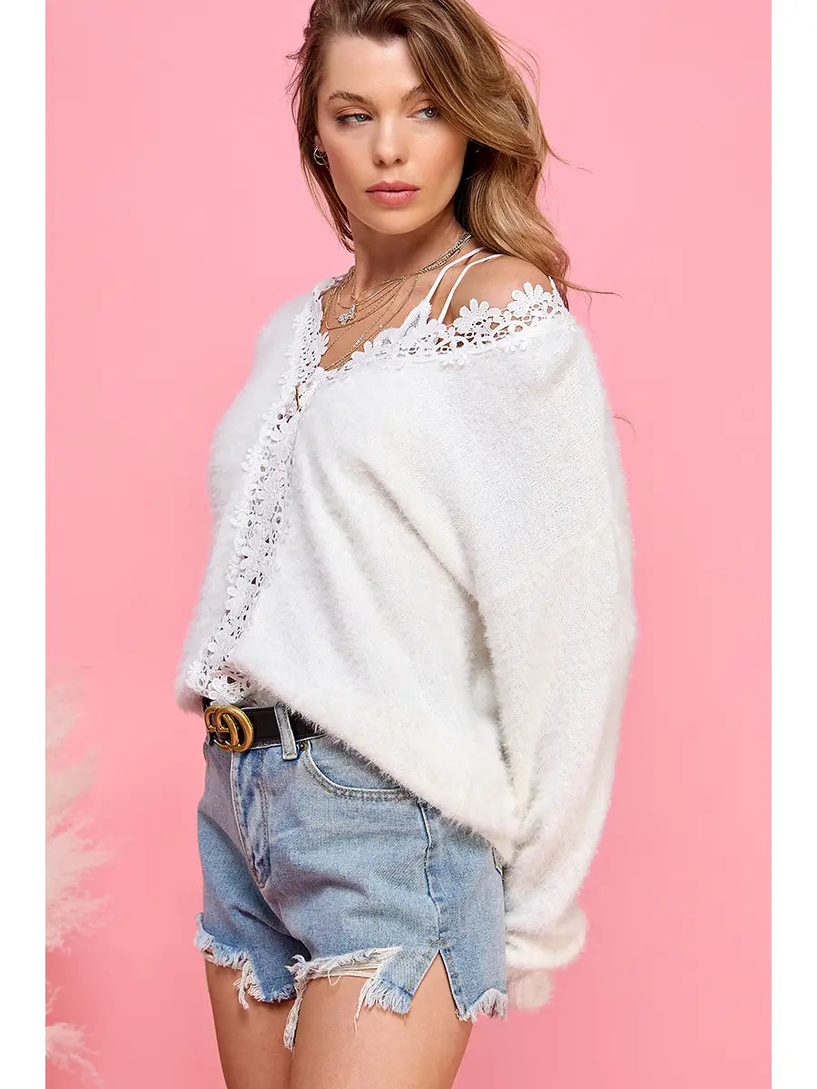 Puffy Lace Trim Sweater