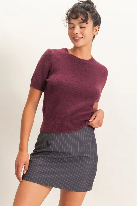 A woman modeling a short-sleeve crewneck knit sweater in burgundy paired with a dark gray pinstriped mini skirt, set against a plain off-white studio background.