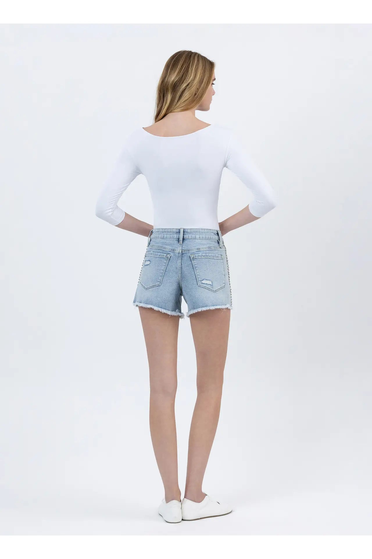 High Rise Distressed Studded Denim Shorts