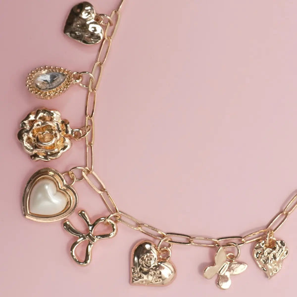 Charm Necklace-Bow Heart Rhinestone Flower